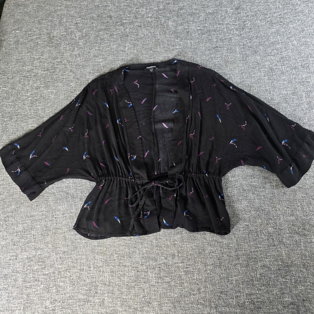 Express Black Kimono Top Cinched Drawstring Waist Floral Women's XS